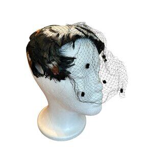 Vintage Womens Union Made USA Feather Cocktail Hat w Veil 1950s 1960s Fascinator